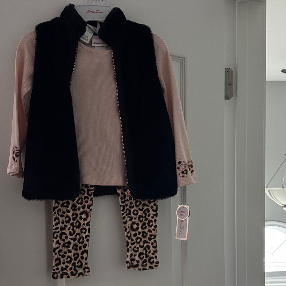 Black Vest with Pink Top and Leopard Leggings Set